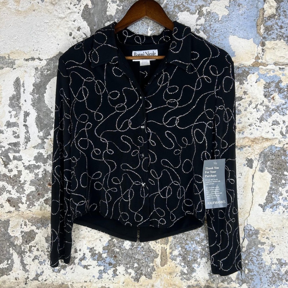 NEW Vintage Ronni Nicole Button Top Black Sparkly Swirl Long Sleeve 4P
